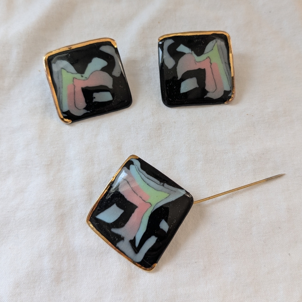 Vintage 80s Abstract Enamel Earrings And Stick Pin Set